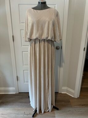 Metallic Cream Pleated Maxi Dress with Blouson Bodice